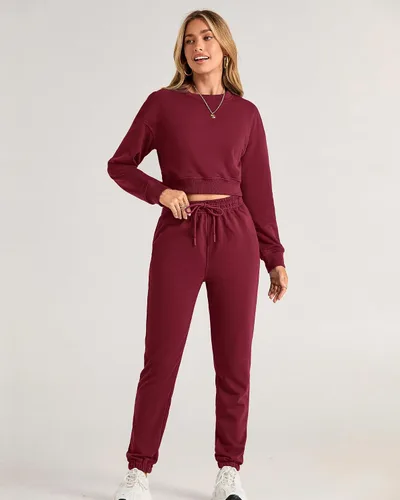 Miniatura 52 de BTFBM Conjunto deportivo de 2 piezas para mujer, camiseta corta de manga larga, sin botones, pantalón con cordón ajustable, pantalones deportivos