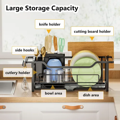 Miniatura 4 de AIDERLY Escurridor estrecho de platos para encimera de cocina, drenaje automático, escurridor de platos de hierro con cesta extraíble
