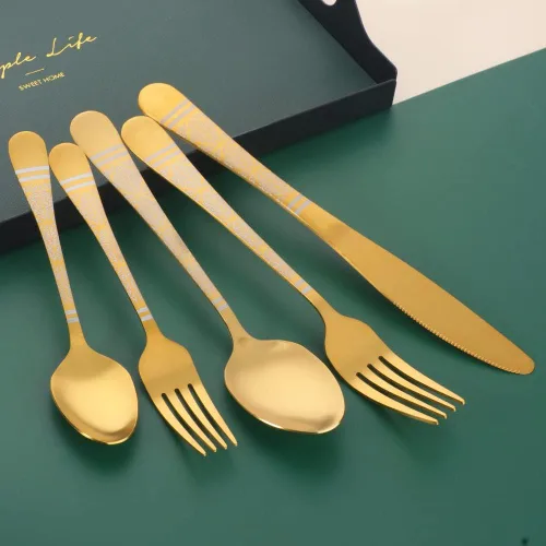 Miniatura 2 de Juego de cubiertos martillados dorados para 4, 20 piezas, diseño único de acero inoxidable, incluye cuchillos, tenedores, cucharas, esmalte de Oro