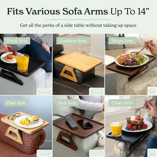 Miniatura 6 de Shamrock Home Mesa Bandeja de Bambú para Brazo de Sofá, Mesa Bandeja con Clip para Sofás. Bandeja de Brazo de Sofá para Cenas de TV, Controles