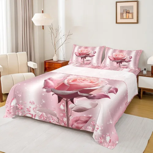 Miniatura 13 de Manfei Juego de sábanas de rosas rosas 3D tamaño individual, juego de ropa de cama brillante con purpurina rosa para decoración de habitación