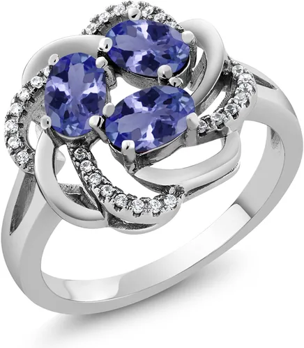Miniatura 99 de Gem Stone King Flower Blossom Gemstone Birthstone Ring in 925 Sterling Silver 3-Stone Oval 6X4MM with Sparkling Accents Wedding Anniversary