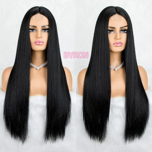 Miniatura 2 de BYRON Peluca negra natural para mujer, pelucas largas y lacias, peluca de encaje frontal con raya en medio, peluca de cabello Remy suave y sedoso