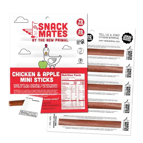 The New Primal Snack Mates Chicken & Apple Sticks, bocadillos saludables sin gluten para niños, bocadillos bajos en azúcar y altos en proteínas para