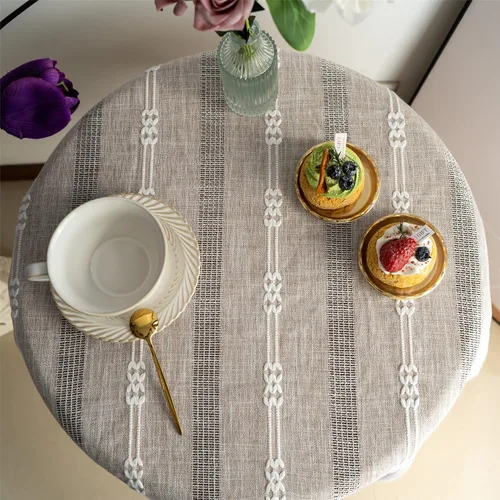 Miniatura 3 de Gernaice Mantel bordado de rayas rústicas con borlas cuadradas y pequeñas de algodón y lino, sin arrugas, lavable, para mesita de noche, café, Marrón