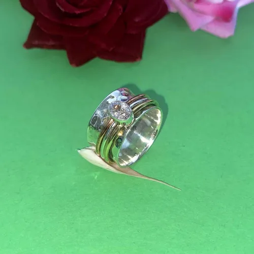 Miniatura 4 de Anillo giratorio hecho a mano de plata de ley 925 / anillo giratorio martillado / anillo giratorio de 3 tonos/anillo de banda bohemio/anillo