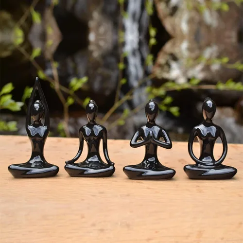 Miniatura 3 de OwMell Lote de 4 Figuras de Cerámica para Meditación y Yoga, Pose de Yoga, Figura Decorativa de Conjunto - Negro
