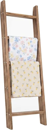 MyGift - Estante decorativo de madera natural rústica quemada para apoyarse en la pared, con 4 pies de altura y escalera de manta con 5 peldaños,