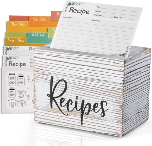 Miniatura 8 de DRASTAR Caja de tarjetas de recetas, soporte para recetas de acacia de 4 x 6, organizador de recetas con 50 tarjetas y 6 divisores, caja de tarjetas