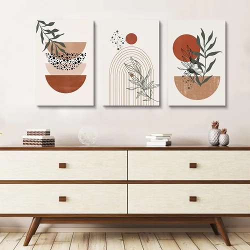 Miniatura 4 de Arte de pared bohemio - Conjunto de 3 impresiones geométricas abstractas de mediados de siglo, negro, beige, terracota, obra de arte en lienzo