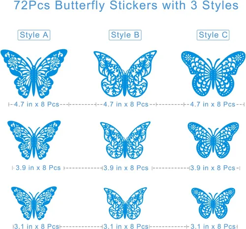 Miniatura 6 de Decoración de pared de mariposa 3D, 72 piezas, 3 estilos, 3 tamaños, mariposas azules para fiestas, cumpleaños, decoraciones de pasteles