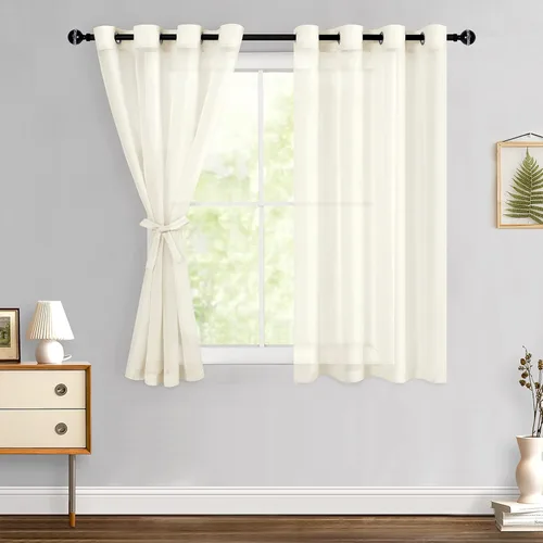 Miniatura 115 de Hiasan - Cortinas traslúcidas de gasa cortas semitransparentes con ojales y alzapaños filtrantes de luz para ventana, dormitorio, baño, 2 paneles