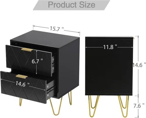 Miniatura 3 de Anbuy Juego de 2 mesitas de noche color negro con asa dorada, mesa de noche con 2 cajones, juego de 2 mesitas de noche con patas doradas