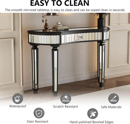 Miniatura 2 de Mesa Consola Negra con Espejo, Mesa de Sofá de Cristal Rectangular de 48 pulgadas con Elementos Tallados Vintage con Espejo, Muebles de Espejo