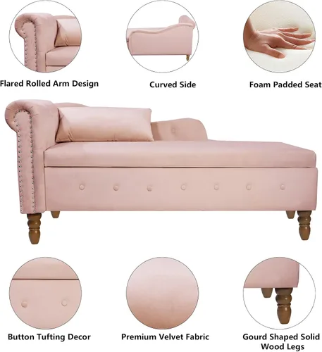 Miniatura 3 de Aoowow Banco de almacenamiento de terciopelo rosa para dormitorio, extremo de la cama, sofá con brazo enrollado, tumbona para interiores con Rosa 58