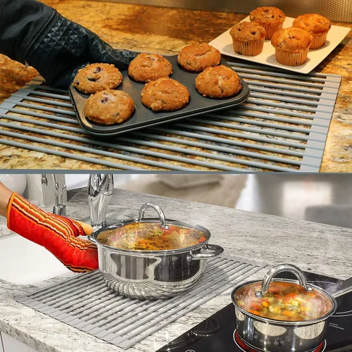 Miniatura 3 de iPEGTOP Escurreplatos de cocina en fregadero, inoxidable, en encimera o extensibles sobre el fregadero con soporte para utensilios negro, acero