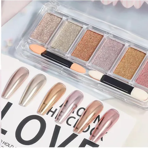 Miniatura 5 de COOSLIM Polvo de uñas cromado dorado y plateado, 6 colores holográficos iridiscentes cromados, efecto espejo metálico, paleta de polvo cromado