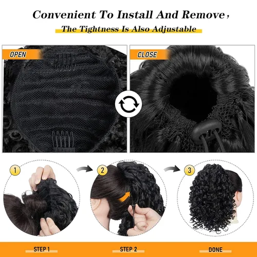 Miniatura 5 de PEACOCO Extensión de cola de caballo rizada con cordón para mujeres negras - Cola de caballo de 6 pulgadas con clip, postizo sintético de afro corto