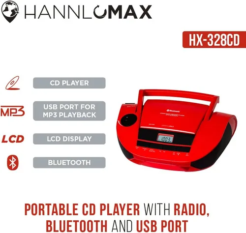Miniatura 7 de HANNLOMAX Boombox de CD portátil HX-328CD con radio AM/FM, Bluetooth, puerto USB para reproducción de MP3, fuente de alimentación dual AC/DC Aux-in.