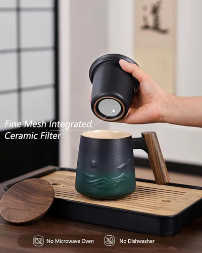 Miniatura 5 de ZENS Taza de Té de Cerámica en Relieve con Infusor y Tapa, 14.5 oz, Asa de Madera, Tazas Infusoras de Té de Hojas Sueltas y Colador para Regalos