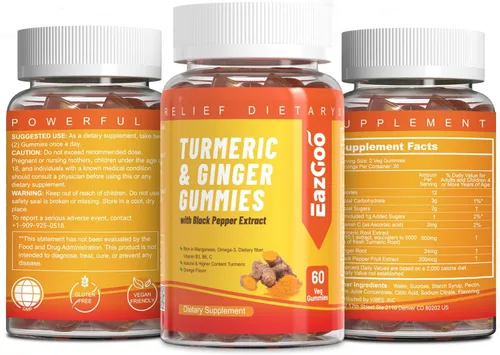 Miniatura 7 de Gomitas de curcumina de cúrcuma de 500 mg para adultos, con pimienta negra, raíz de jengibre, vitamina C, gomitas de frutas bajas en azúcar, sabor a