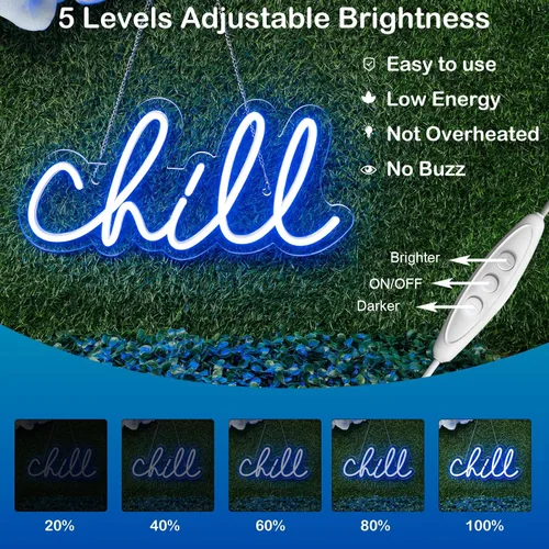 Miniatura 3 de Wanxing Letrero de neón Chill de neón azul para pared, de 14 x 7 pulgadas, luces LED para decoración de pared, luz de neón para dormitorio