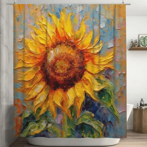 YLATY2395 - Cortina de ducha de girasol para baño, pintura al óleo, hojas verdes, flores, bohemio, tela amarilla abstracta, moderna, impermeable,