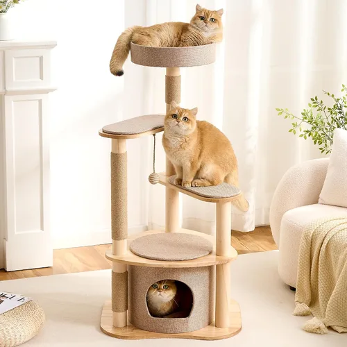 797Audio Moderno árbol de madera para gatos, árbol estético para gatos de 46 pulgadas con postes rascadores de madera de pino natural y condominio