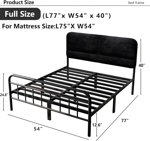 Miniatura 2 de Base de cama metálica de 14 pulgadas, tamaño matrimonial con cabecera tapizada, base de colchón resistente y de alta capacidad, fácil montaje,