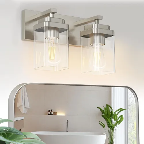 Miniatura 9 de Lámparas de baño de oro cepillado, 4 luces de baño sobre el espejo, diseño cuadrado y placa trasera grande rectangular, accesorios de iluminación