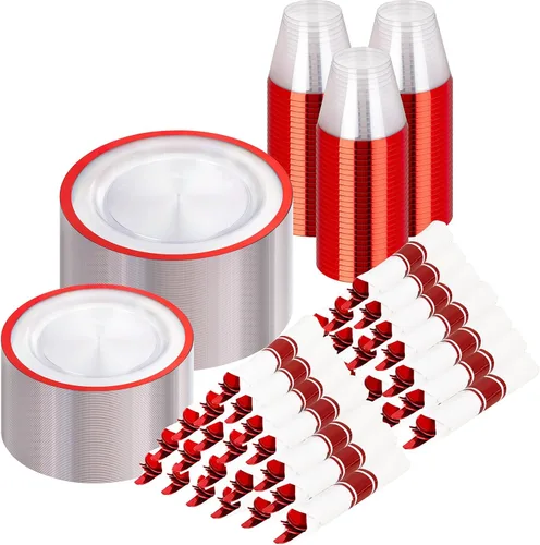 Miniatura 23 de I00000 Juego de 210 platos rojos, platos de plástico transparente y rojo que incluye 60 platos, 30 tazas, 30 servilletas enrolladas con cubiertos
