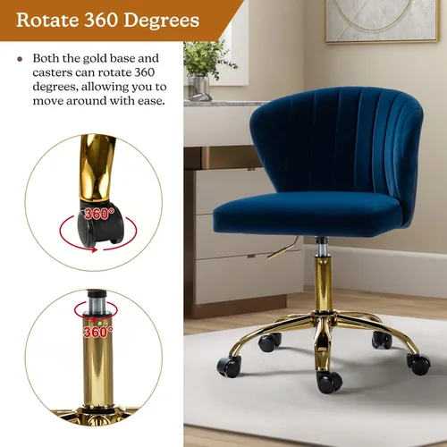Miniatura 5 de TINA'S HOME Sillas de escritorio de oficina con ruedas y base dorada, moderna silla de oficina sin brazos de terciopelo linda, silla giratoria Azul