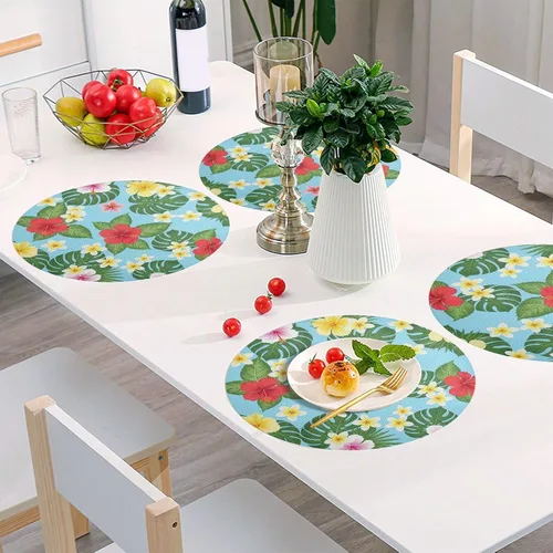 Miniatura 6 de Manteles individuales redondos rojos con hojas tropicales, flores vibrantes, resistentes al calor, antideslizantes, para cocina, talla 1 x 1