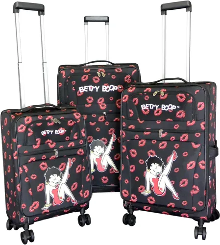 Betty Boop Juego de equipaje con tamaño de transporte. 20", 24", 28", 3 piezas por juego. Ruedas giratorias. Expandible, ligero, Betty Leg-up
