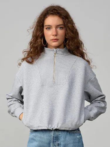 Miniatura 3 de SILKWORLD Sudadera corta con cremallera de un cuarto para mujer, manga larga, cuello alto, cordón ajustable, con bolsillos