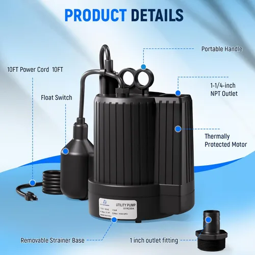 Miniatura 8 de D-HONOR - Bomba de sumidero, bomba de agua sumergible de 1/3 HP 1600 GPH, con interruptor de flotador, bomba automática para piscina, estanque