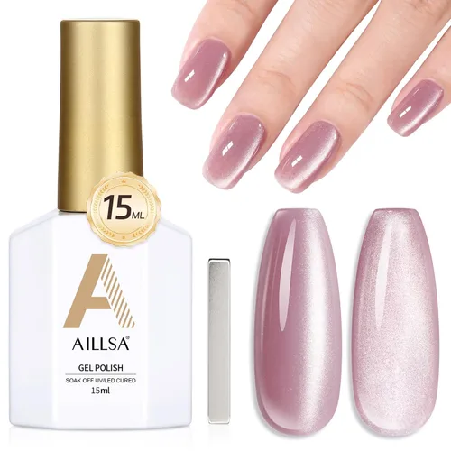Miniatura 9 de AILLSA - Esmalte de uñas de gel ojo de gato color marrón con purpurina dorada con imán, esmalte de uñas de gel ámbar destello nude con cristales