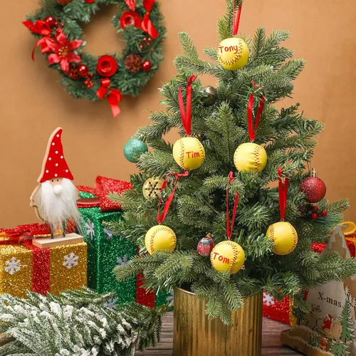 Miniatura 3 de Newwiee 6 piezas de adornos de Navidad de sóftbol a granel decoraciones deportivas para árbol de Navidad, adorno decorativo de béisbol de piel