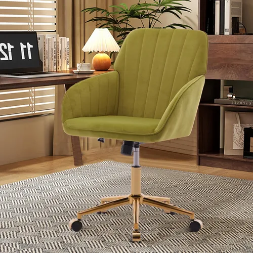 Miniatura 16 de Silla de oficina en casa, silla giratoria de terciopelo para escritorio, sillón tapizado moderno con base dorada para niñas y mujeres, asiento