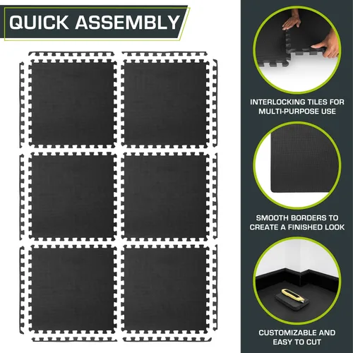 Miniatura 7 de ProsourceFit - Tapete de ejercicio extra grueso, azulejos entrelazados de espuma EVA para protección, suelo de entrenamiento acolchado, negro, 1