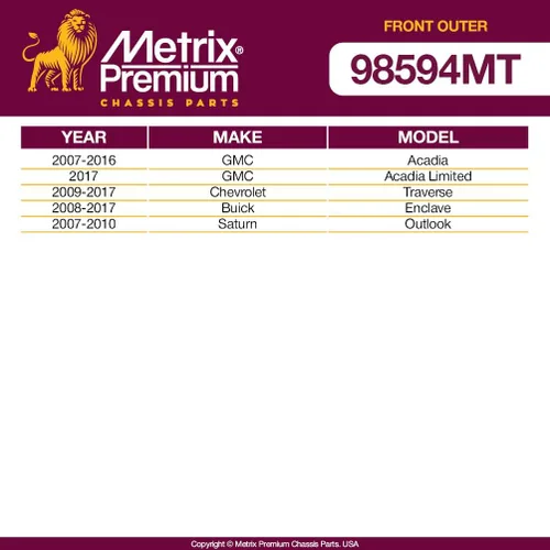 Miniatura 3 de Metrix Premium Chassis Parts - Kit de 2 piezas de extremo de barra de tira delantera externa para 07-16 GMC Acadia, 17 Acadia Limited, 09-17
