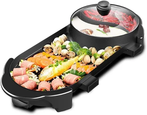 SEAAN Olla caliente con parrilla, parrilla eléctrica para interiores, Shabu Shabu Shabu Pot coreana sin humo, doble temperatura contral, capacidad
