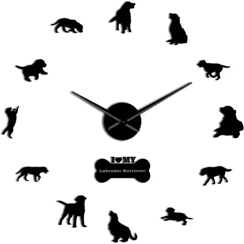 The Geeky Days Labrador Retriever Perro Grande DIY Reloj de Tiempo 3D autoadhesivo Animales Cachorro Decoración de pared (negro)