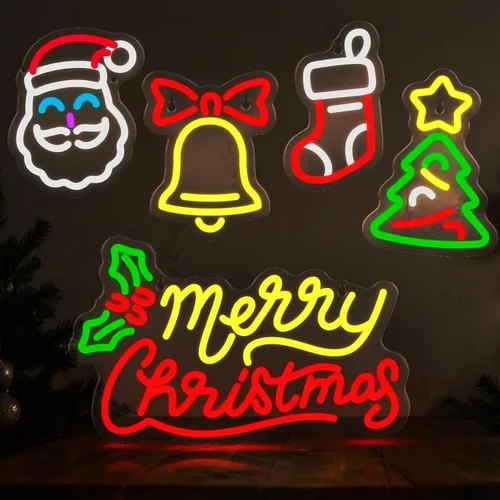 5 letreros de neón de Navidad con texto en inglés "Merry Christmas", campanas de Papá Noel, árbol de Navidad, luces LED, luces de neón de invierno,