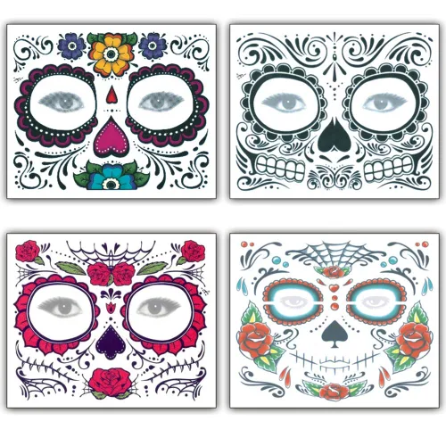 Calcomanías de tatuaje facial de Halloween, tatuajes del Día de los Muertos, calcomanías de transferencia de agua con tela floral roja rosa negra,