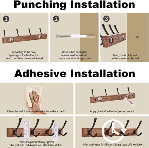 Miniatura 6 de Perchero de pared pequeño de madera de nogal de 17.3 pulgadas con 4 ganchos, colgador de chaquetas de madera resistente montado en puerta