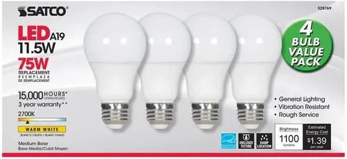 Miniatura 2 de Satco 28769-11.5A19/LED/27K/ND/120V/4PK S28769 A19 A Line Pera4 Bombilla LED