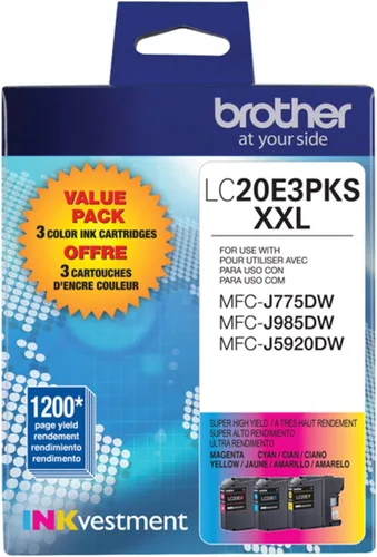 Miniatura 2 de Cartucho de tinta Brother genuino de alto rendimiento en color, paquete de 3 LC20E, paquete de repuesto de tinta de color de tres piezas, incluye 1