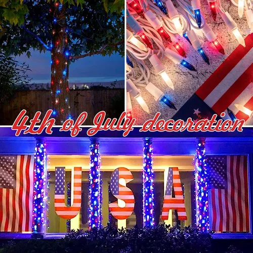 Miniatura 5 de 100 luces rojas, blancas y azules, extrabrillantes con conectores finales, decoración del 4 de julio, mini tira de luces patrióticas de 19.6 ft