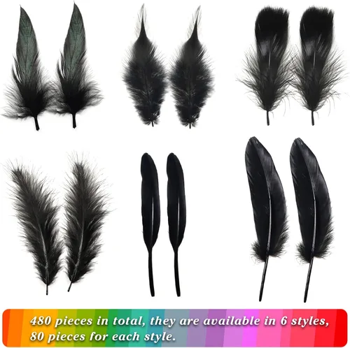 Miniatura 3 de TOAOB 480 plumas surtidas para manualidades, 6 estilos, plumas naturales negras, tamaño mixto, suministros para manualidades, boda, hogar, fiesta
